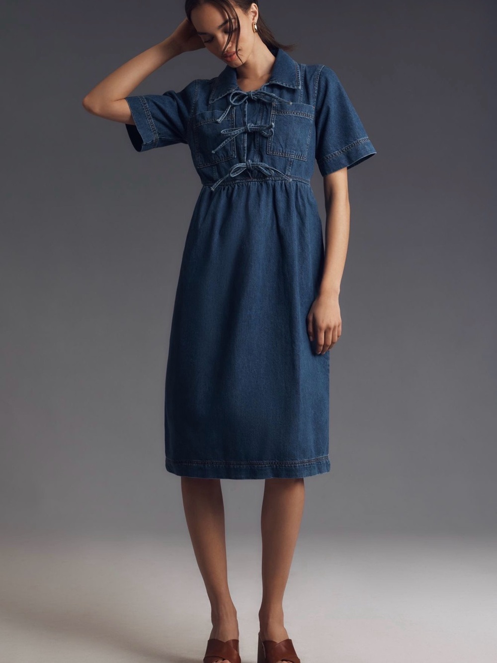 Tie-Front Denim Midi Dress in Dark Blue